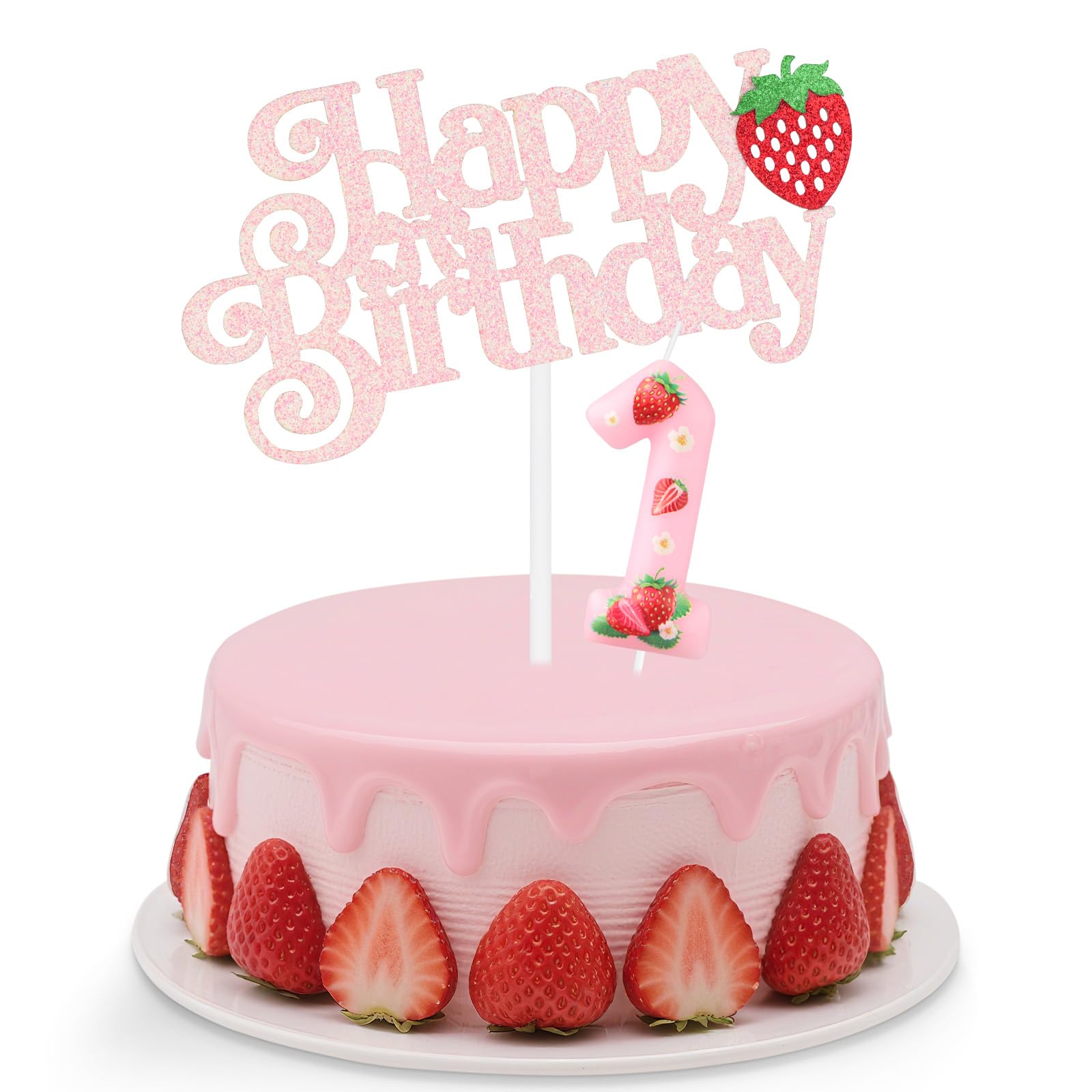 mciskin Strawberry 1st Birthday Candles Set,Pink Number 1 Candle for Cake,1st Birthday Decorations for Girls,Pink Candles Strawberry Cake Toppers for Boys Girls Birthday,Berry Themed Party Supplies