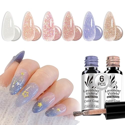 Lavender Violets 6 Colours Gel Nail Polish, 7ml UV LED Soak Off Varnish Reflective Glitter French Manicure Fairy Shimmer Sparkly Shiny Gift Sets for Women C205