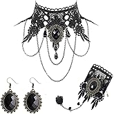 Dreuyet Black Choker Lace Necklace Bracelet Earrings Set for Women Elegant Sexy Vintage Princess Black Lace Gothic Statement Jewelry Set Victorian Lolita Choker Vampire Chain Halloween Costumes