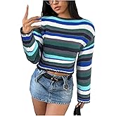MakeMeChic Women's Striped Cropped Sweater Crew Neck Long Sleeve Y2k Pullover Tops