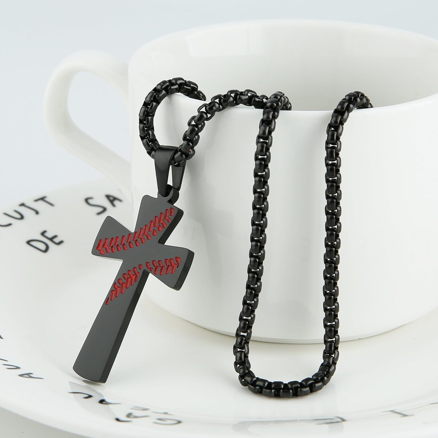 HZMAN Baseball Cross Pendant, I CAN DO ALL THINGS STRENGTH Bible Verse Stainless Steel Necklace (Black): Clothing