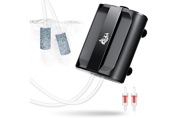 AQQA Aquarium Air Pump,3.5W 5W Dual Outlet Oxygen Pump with 2 Air Stone,Adjustable Air Valve Quiet Bubbler Pump,Up to 160 Gal