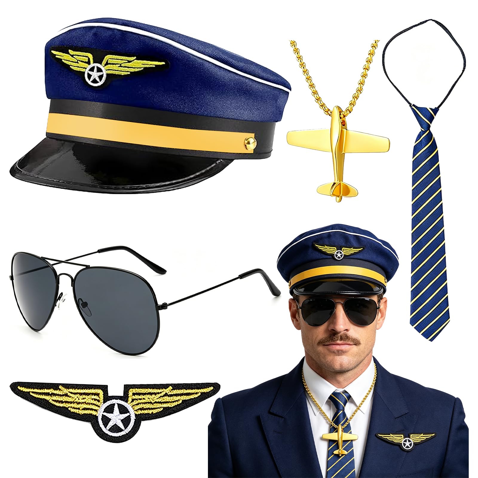 PIUMOJ Pilot Captain Costume Kit for Dress Up - Airline Pilot Accessories Set with Hat, Tie, Badge, Sunglasses, Necklace