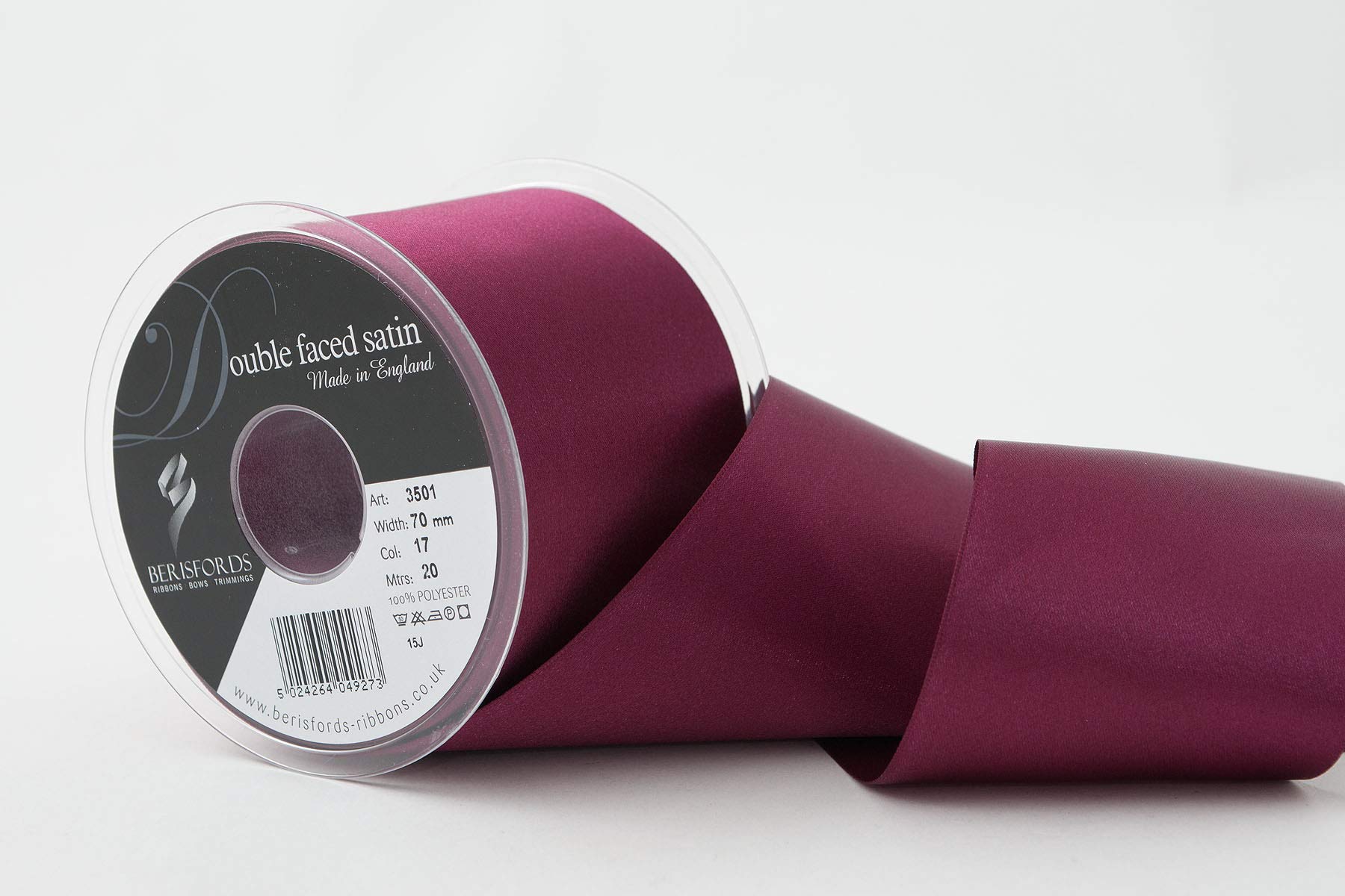 Berisfords Double Faced Satin Ribbon, Wine, 70 mm Width, 20 metre Length — image 1