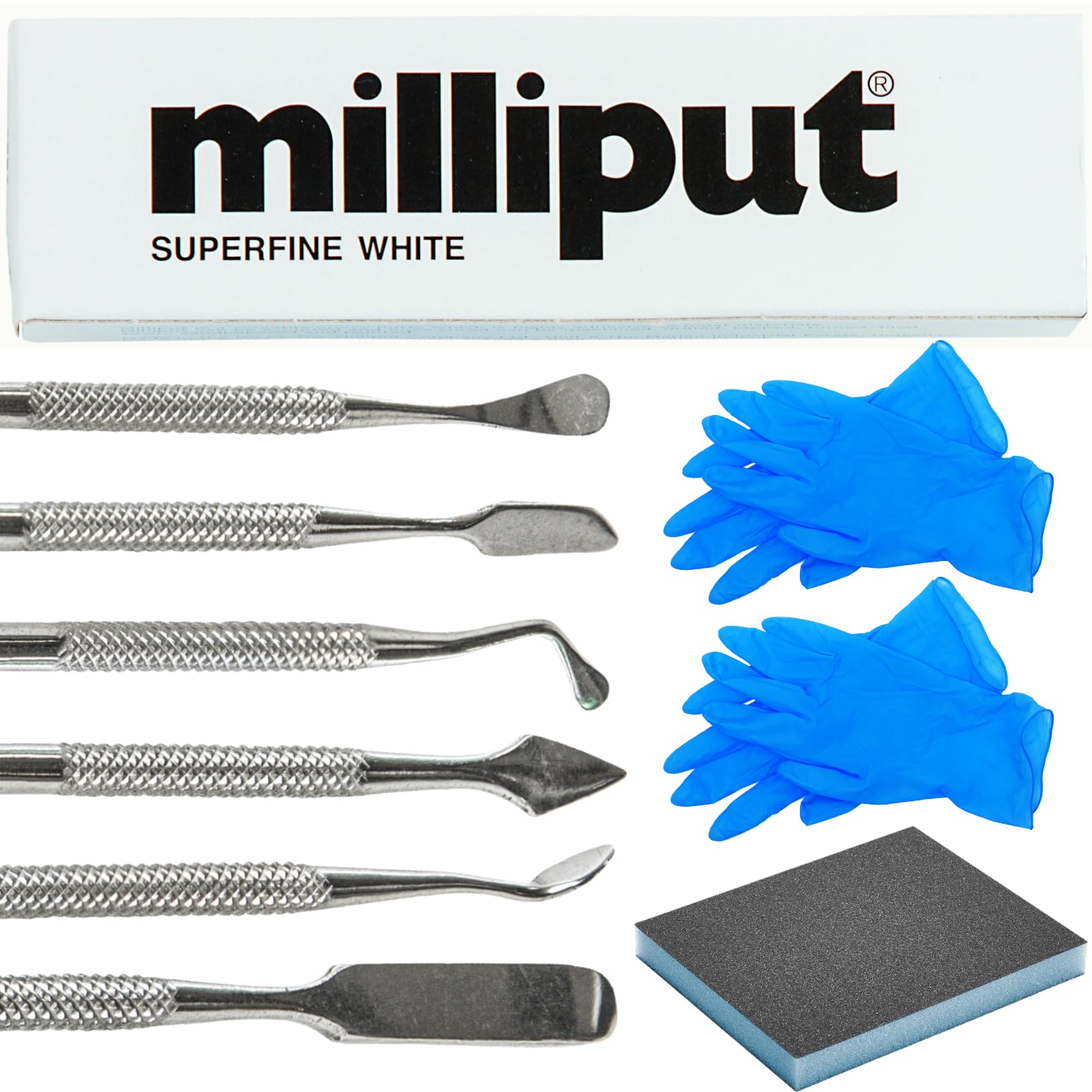 Milliput Epoxy Putty 10 Piece Epoxy Resin Kit, Superfine White - with Sculpting Tools, Sanding Pad and Gloves - Plumbers Putty - Shower Tray, Plastic Bath, Enamel, Hot Tub and Fibreglass Repair Kit