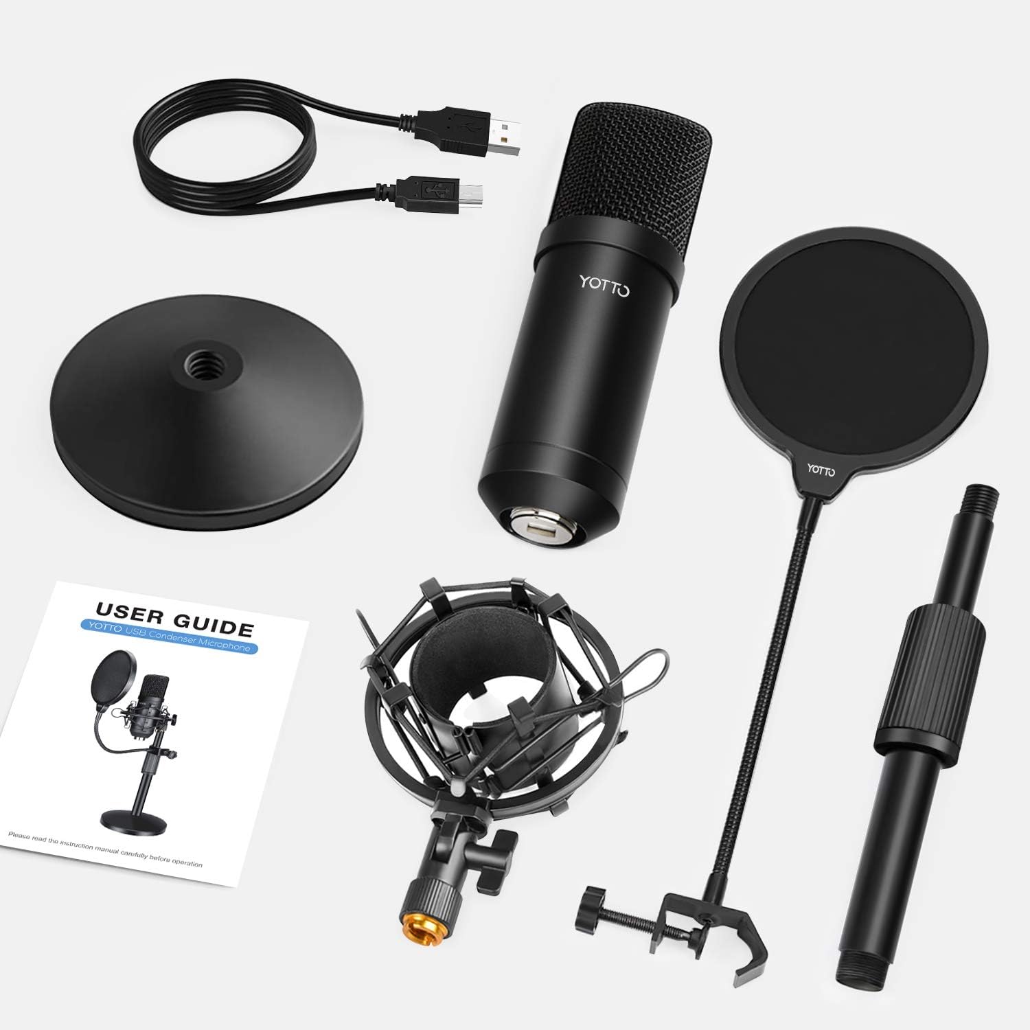 YOTTO USB Microphone 192KHZ/24BIT Condenser Cardioid Microphone Plug & Play PC Computer Mic for Podcast, Streaming, YouTube, Gaming, Recording with Pop Filter, Mic Stand, Shock Mount: Home Audio & Theater