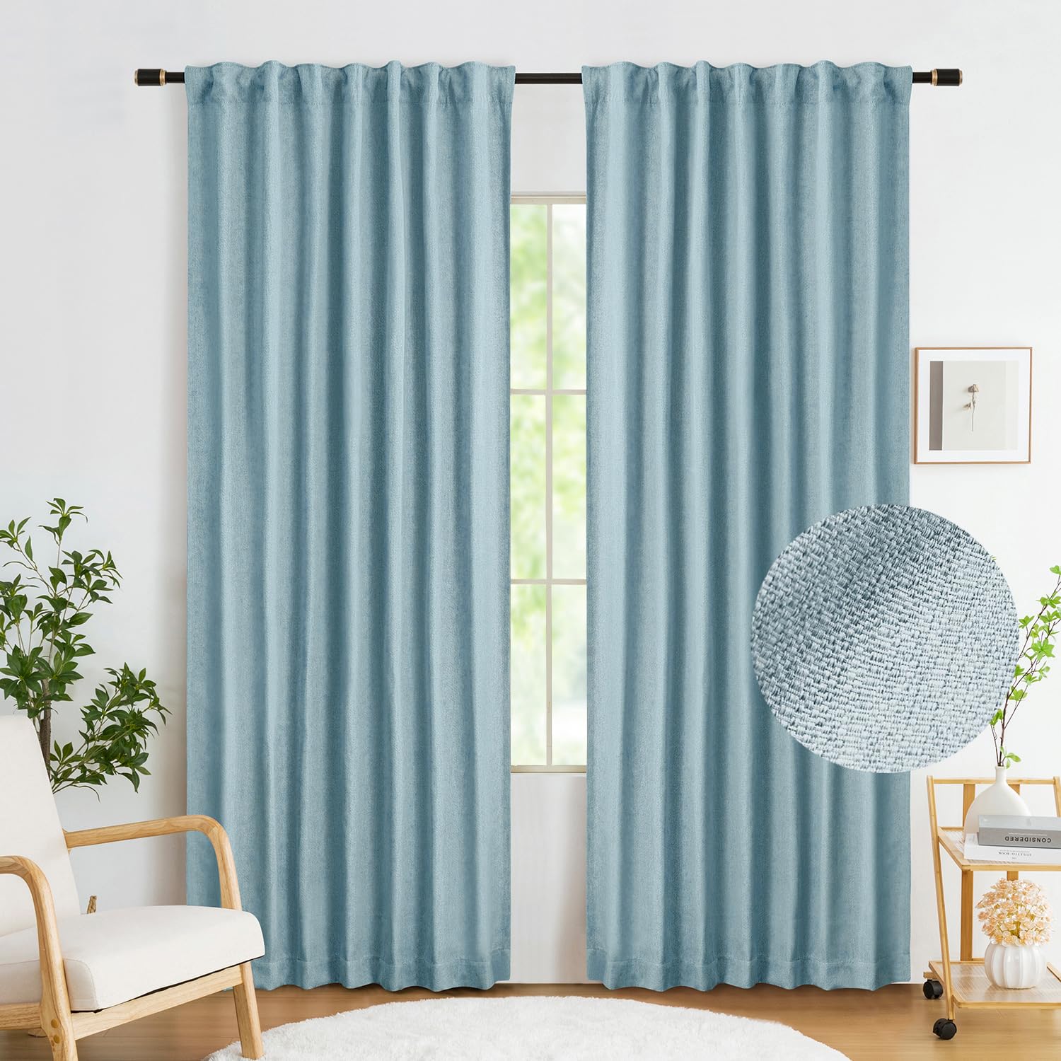 Aqua Blue Blackout Nursery Curtains 54 Inch, Short Burlap Linen Textured Farmhouse Back Tab Thermal Insulated 100 Room Darkening Window Treatment for Kids Bedroom Living Room, 52"W 2 Panels