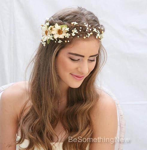 Amazon Com Floral Hair Vine Of Ivory Daisies And Pearls Beaded