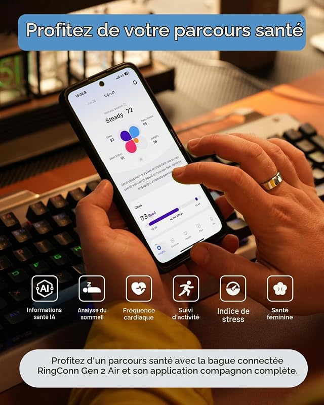 Gen 2 Air, Ultra-Fine Smart Ring avec IA, autonomie de 10 Jours