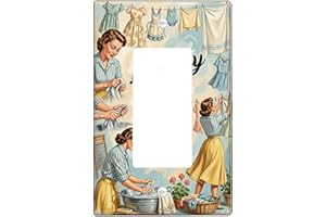 Laundry Single Rocker Light Switch Cover, Vintage Retro Dresses Clothesline Spring Pastel Blue Plastic Standard Size Accents 