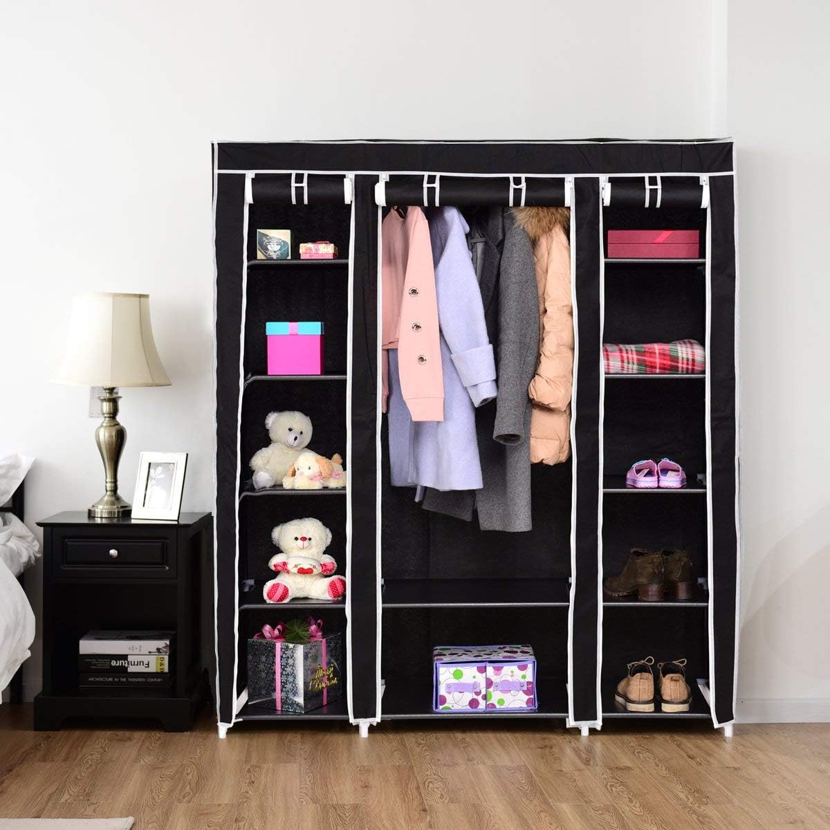 Armoire de rangement Pliable en Tissu Noir 150 cm 2 portes