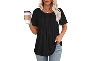 ADOREJOY Womens T Shirts Summer Short Sleeve Tunic Tops Pleated Front Casual Blouses