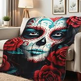 HUNXIAOJ Sugar Skull Girl and Flower Blanket Throw Gothic Print Blanket Gifts Flannel Bedding Bed Couch Home Halloween Decor (49