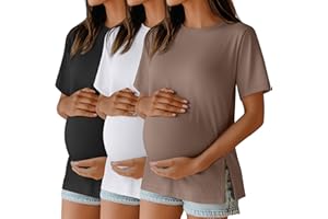 Ficerd 3 Pack Women's Maternity T Shirts, Short Sleeve Side Split Pregnancy Tops Casual Crew Neck Pregnant Tees Mama Clothes