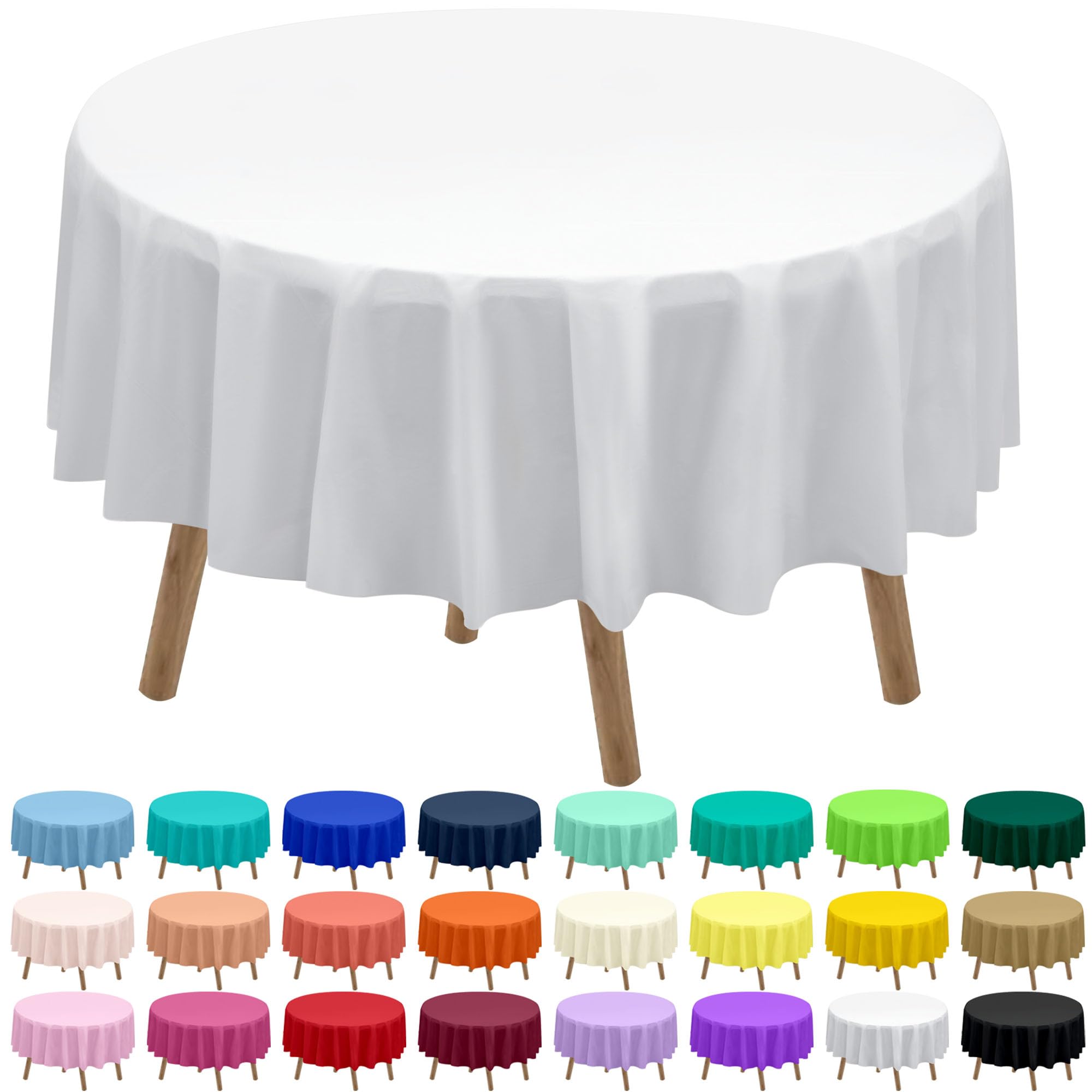Photo 1 of White Plastic Tablecloths 2 Pack Disposable Table Covers 84 Inch Circle Bridal Shower Party Tablecovers PEVA Solid Table Cloths for BBQ Picnic Birthday Wedding Banquet Parties 6 ft Round Table Use