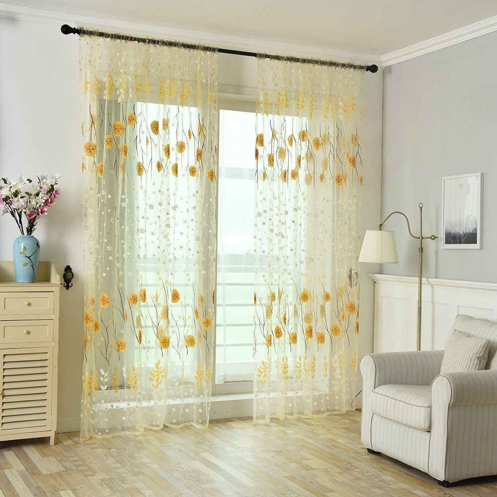 About1988 Leaves Printed Semi Transparent Voile Curtains Classical Embroidery Voile Curtains Ultra Sheer Curtains Eyelet Curtains (Yellow)