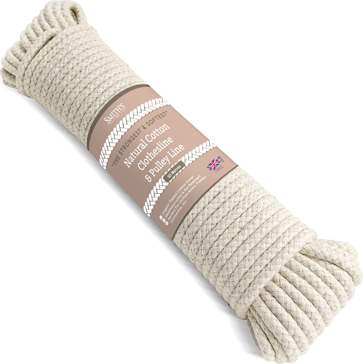 “The Strongest” Natural Cotton Clothesline Pulley by Smith’s® | 10m/33ft X 5.5mm | Soft Braided 130kgs Pulling Force Rope | Snag & Tear Resistant | 1 Year Guarantee!