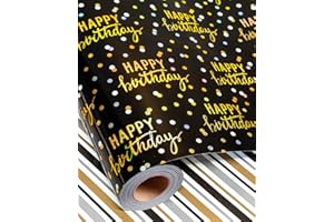Formilian Birthday Wrapping Paper for Boys Men, Black Gift Wrap - Reversible Shining Happy Birthday and Dots Gift Wrap with S