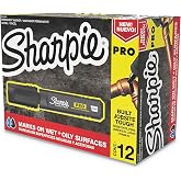Sharpie Pro Permanent Markers, Anti-Roll Barrel, Chisel Tip, Black, 12 Count - Marks on Wet and Oily Surfaces
