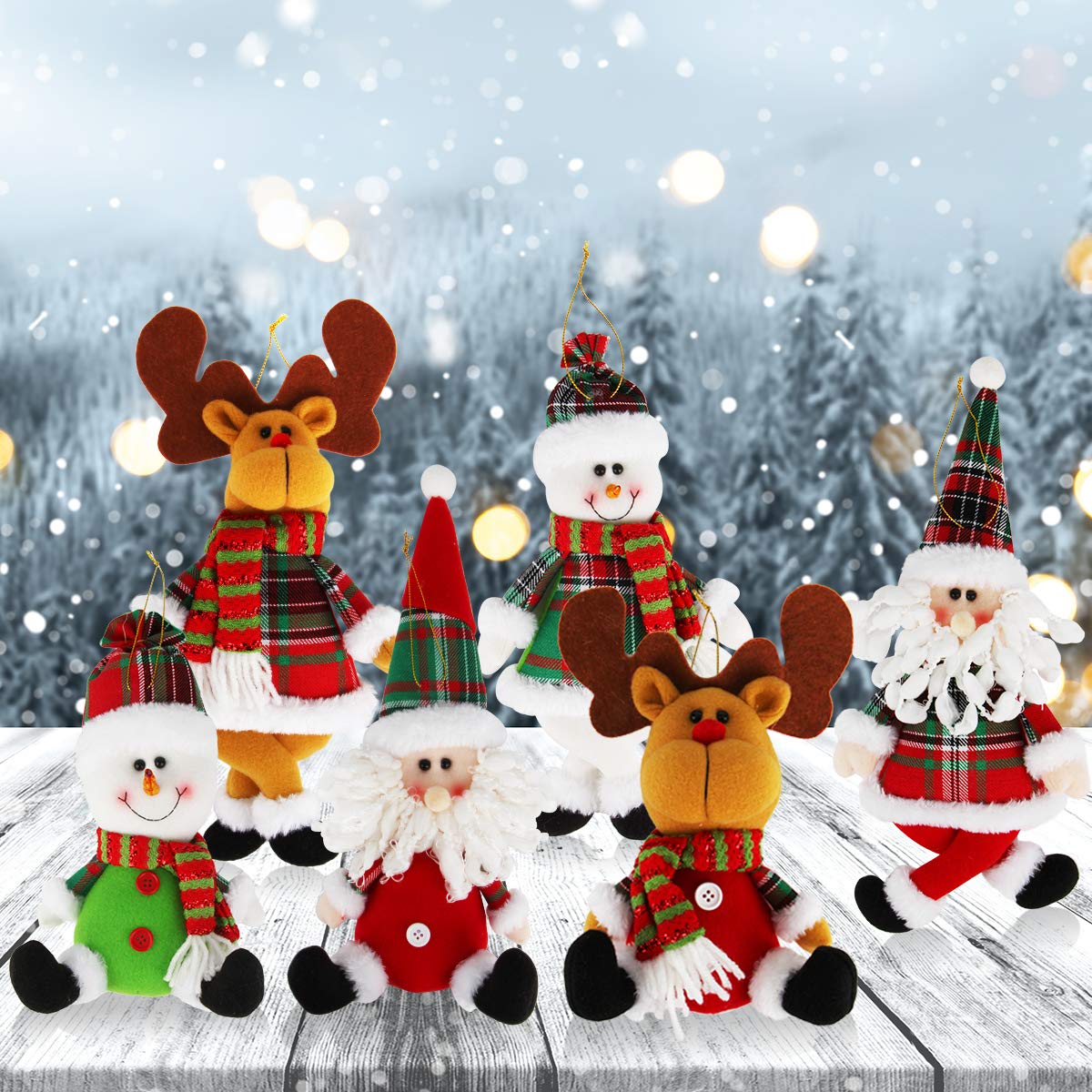 Dreampark Christmas Tree Ornaments, 6 Pack Xmas Plush Hanging Ornaments Holiday Party Decor Festive Season Pendant - Santa/Snowman/Reindeer Ornaments for Christmas Tree Decorations