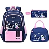 MITOWERMI 3pcs Girls Backpack with Lunch Box School Bags for Girls Lightweight Astronaut Kids Backpack Bookbags Sets for Elementary School Students, Pink blue