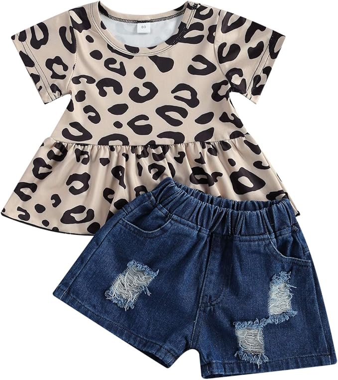 2PCS Little Kids Girl Clothes Set Leopard Tunic Dress Top