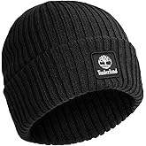 Timberland Men’s Rib Tonal Logo Beanie - Soft Knit Winter Hat, Stretch Fit, Foldover Cuff, Warm Texture for Cold Weather Wear