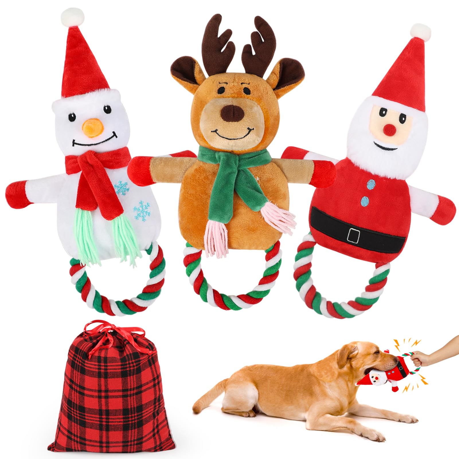 Vivifying 3Pcs Christmas Squeaky Plush Dog Rope Toys, Interactive Puppy Chew Toys Set for Teething Training, Xmas Gift for Small and Medium Dogs