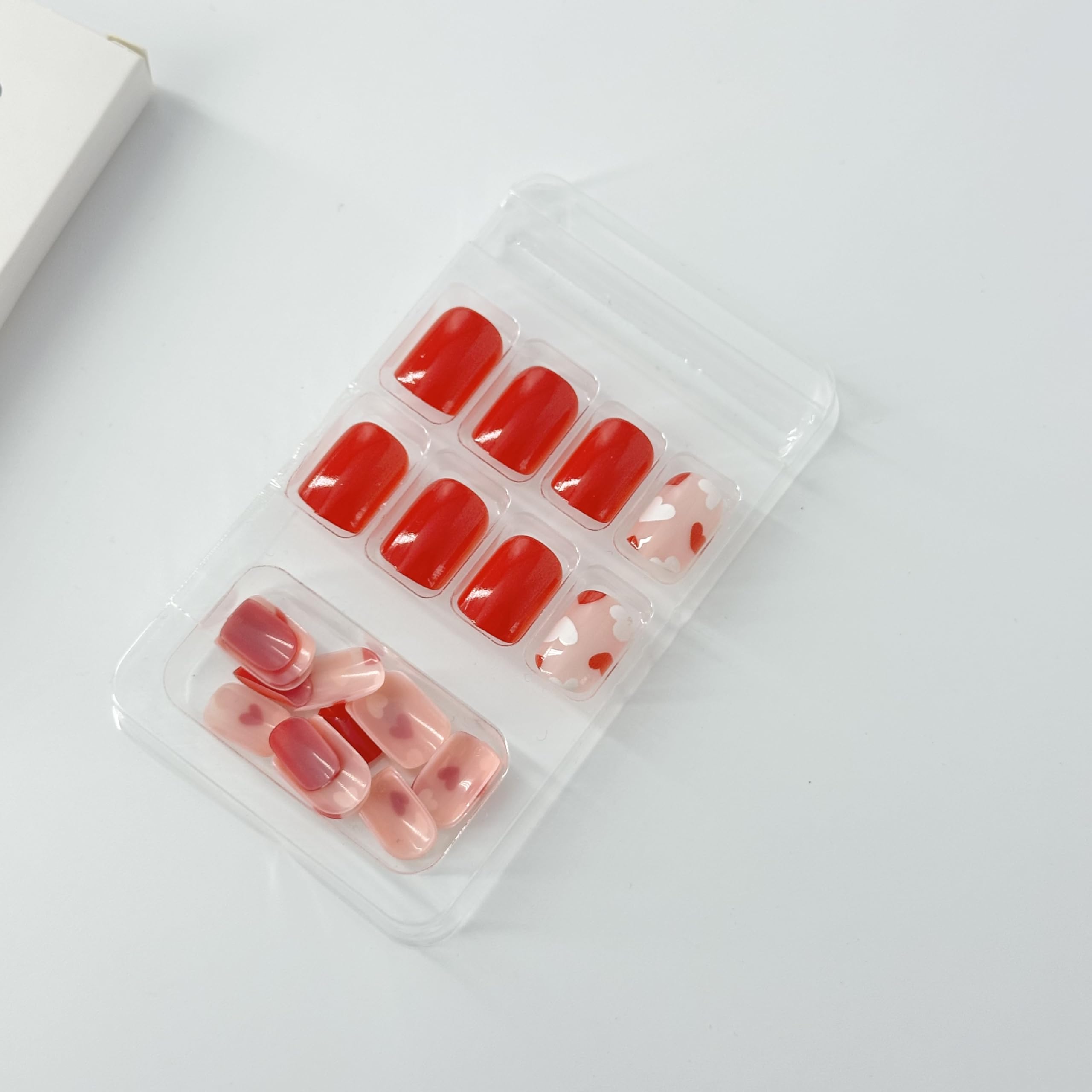 OCOUYVD Heart Press on Nails Short Square Valentines Fake Petite Red Stick on Full Cover False With Red White Heart Designs Acrylic Glossy Artificial for Women Girls - Image 6