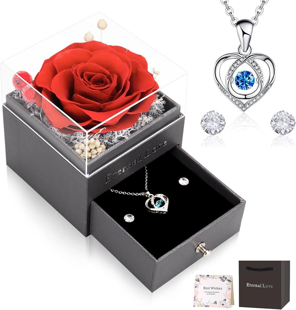 CSYY Eternal Preserved Rose with Necklace & Earrings Gift Set for Her
