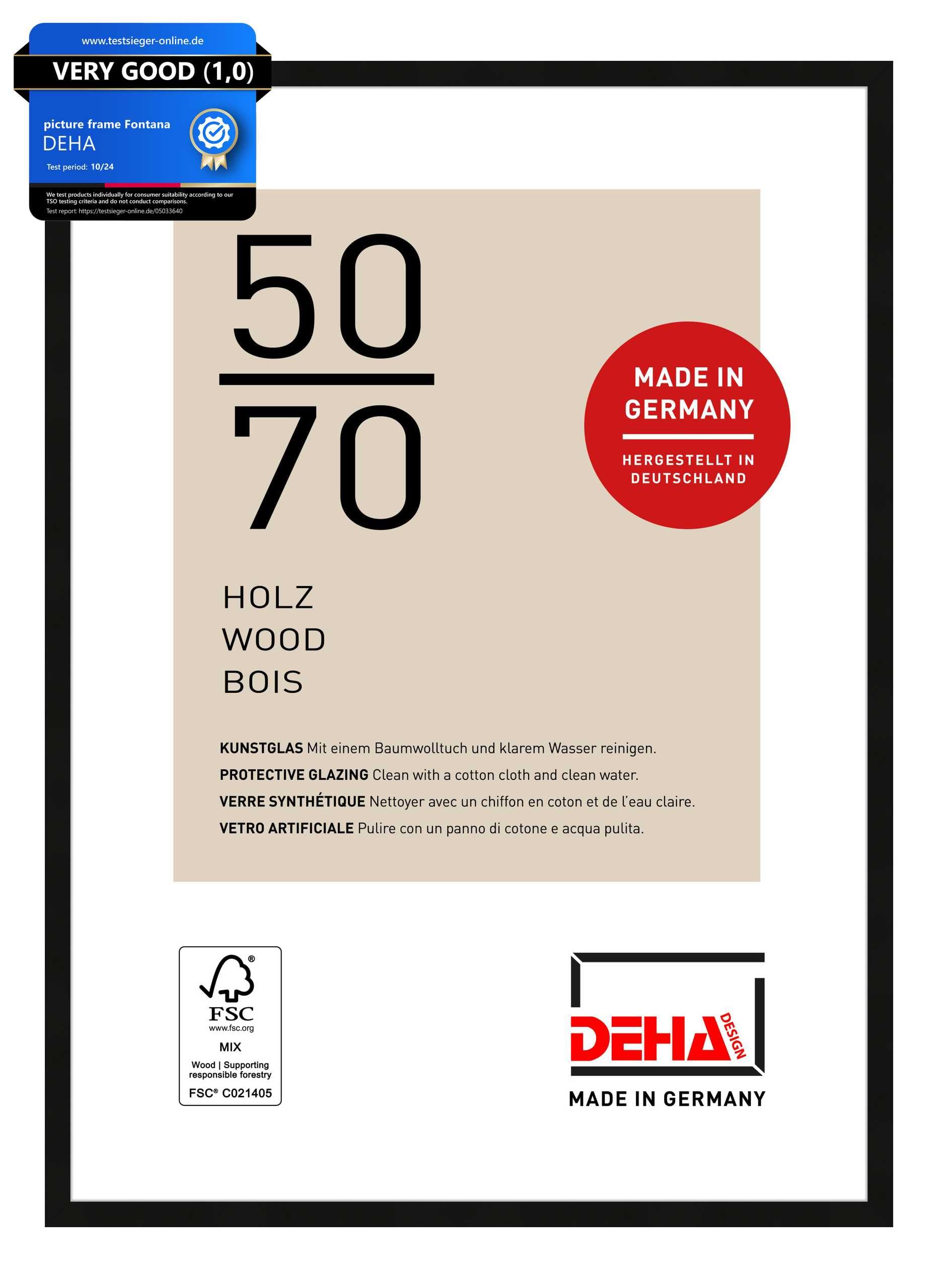 DEHA Design Fontana Wooden Picture Frame - 50x70 cm – Black - with Synthetic Glass and Push/Turn Clips