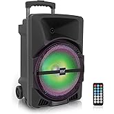 Pyle Wireless Portable PA Speaker System -1200W High Powered Bluetooth Compatible Indoor&amp;Outdoor DJ Sound Stereo Loudspeaker wITH USB MP3 AUX 3.5mm Input, Flashing Party Light &amp; FM Radio -PPHP1544B