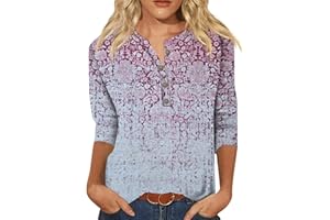 ChicCrate Womens Fashion 2024 Button Down V Neck Shirts 3/4 Length Sleeve Top Loose Fit Flowy Floral Printed Tees Blouses