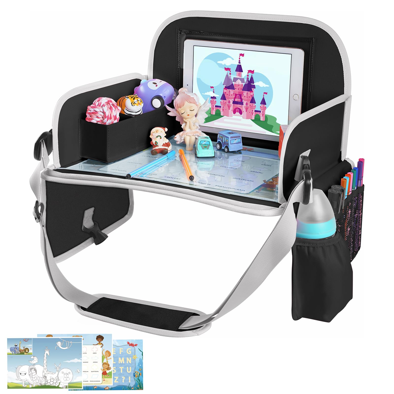 Photo 1 of MENZOKE Car Seat Tray for Kids with Large Educational Drawing Board, Tablet Stand & Cooler Cup Holder, Essential for Family Road Trips, Airplane Rides & Daily Commutes, Black