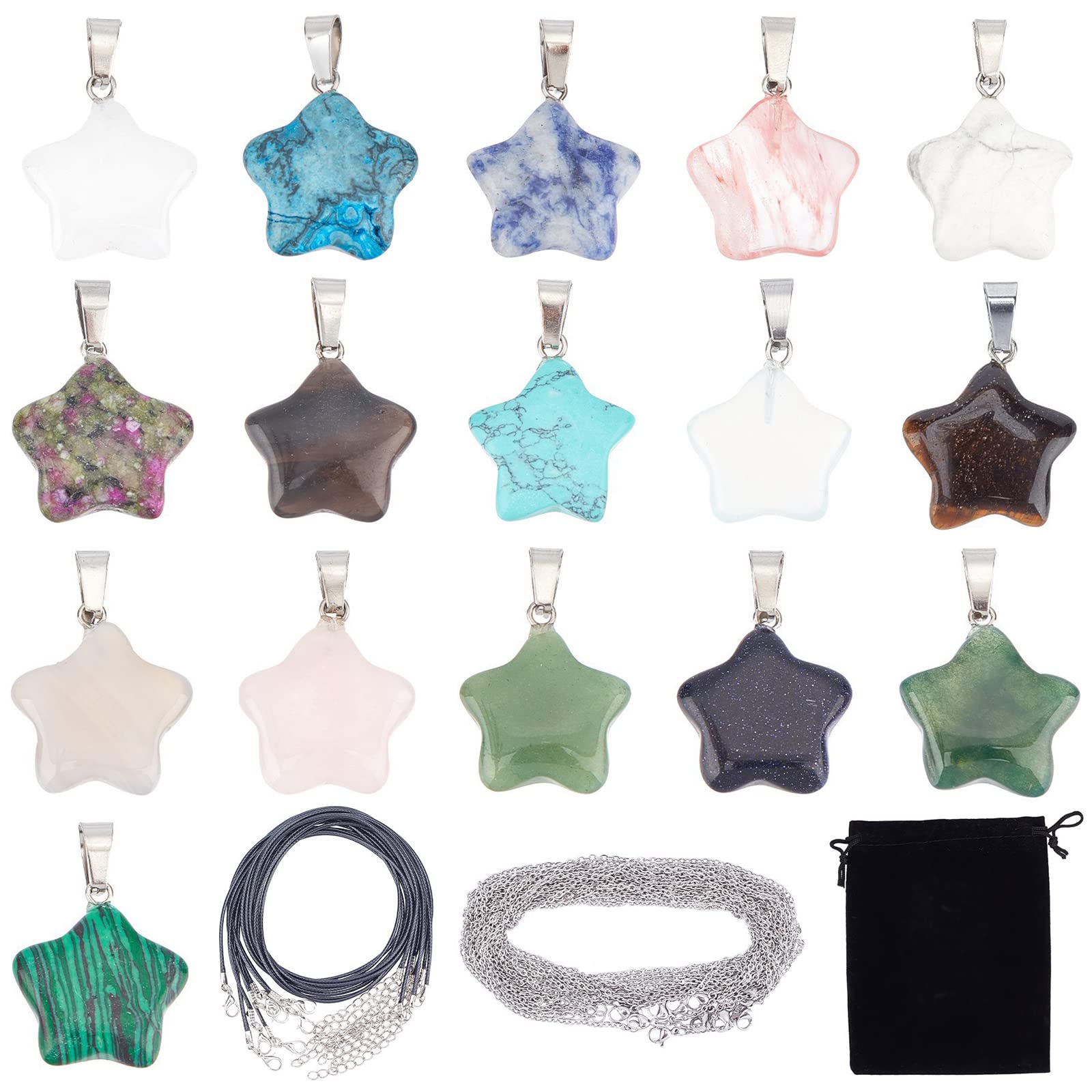 SUNNYCLUE 16 Styles Star Stone Charms Set Natural Energy Healing Crystal Mixed Stone Pendants Chakra Gemstone Beads Rose Quartz Tiger Eye with Waxed Cord Chains for Jewelry Making Crafts