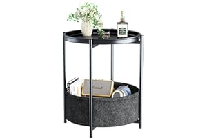 Garden 4 you Side Table with Fabric Storage Basket, Round Metal End Table, Small Bedside Table Nightstand with Removable Tray, for Nursery, Living Room, Bedroom, Bathroom, Black