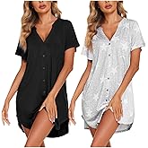 Ekouaer 2 Pack Nightgowns for Women Button Down Sleep Shirts V Neck Night Shirts Night Gowns