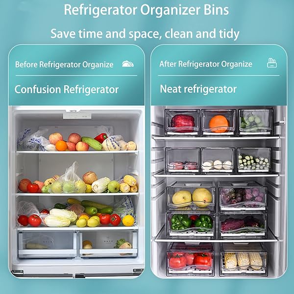 DISKARY FRIDGE ORGANIZER, STACKABLE REFRIGERATOR ORGANIZER BINS, REUSABLE FOOD STORAGE CONTAINERS, FRIDGE DRAWER ORGANIZER IN HOME KITCHEN, BARBECUE SHOP, RESTAURANT, BPA-FREE (2 DRAWERS, LARGE)