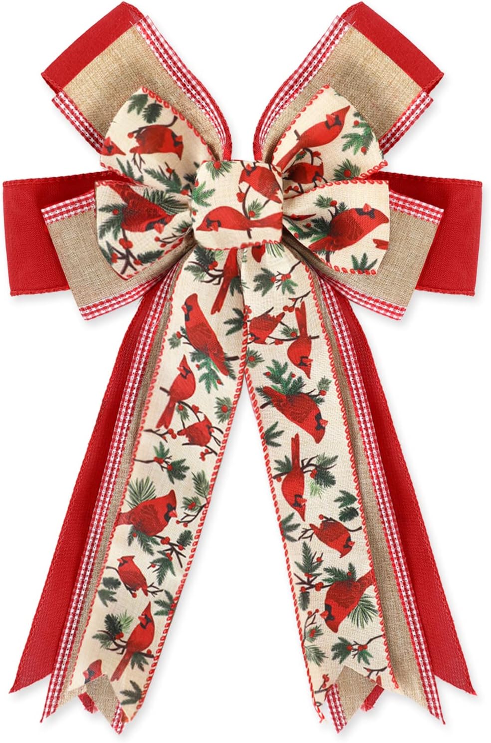 Bows & Ribbons - Whaline Christmas Wreath Bow Red Cardinal Birds Pattern Burlap Bow 16.5 x 11 Inch Xmas Special Design Tree Topper Ornament Gift Bow for Christmas Party Indoor Outdoor Home Door Fireplace Decor