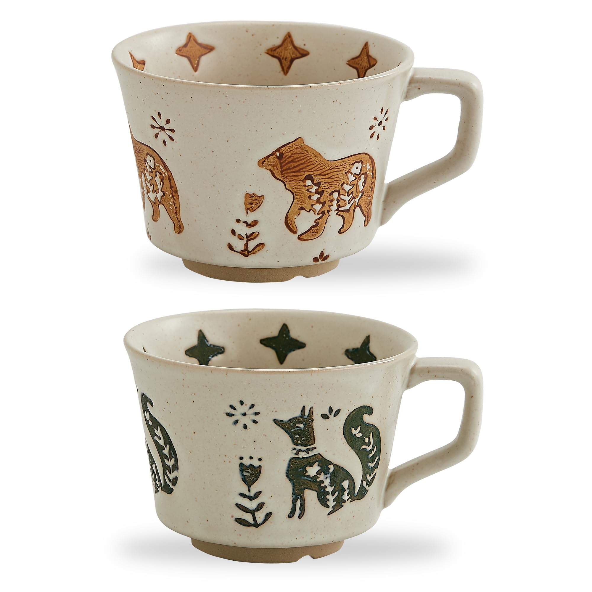 Swuut 350 ml Vintage Ceramic Coffee Cups – Handmade Stoneware Mugs, Big and Stackable for Large Lattes and Camping Coffee, Featuring Animal Designs (Set of 2)