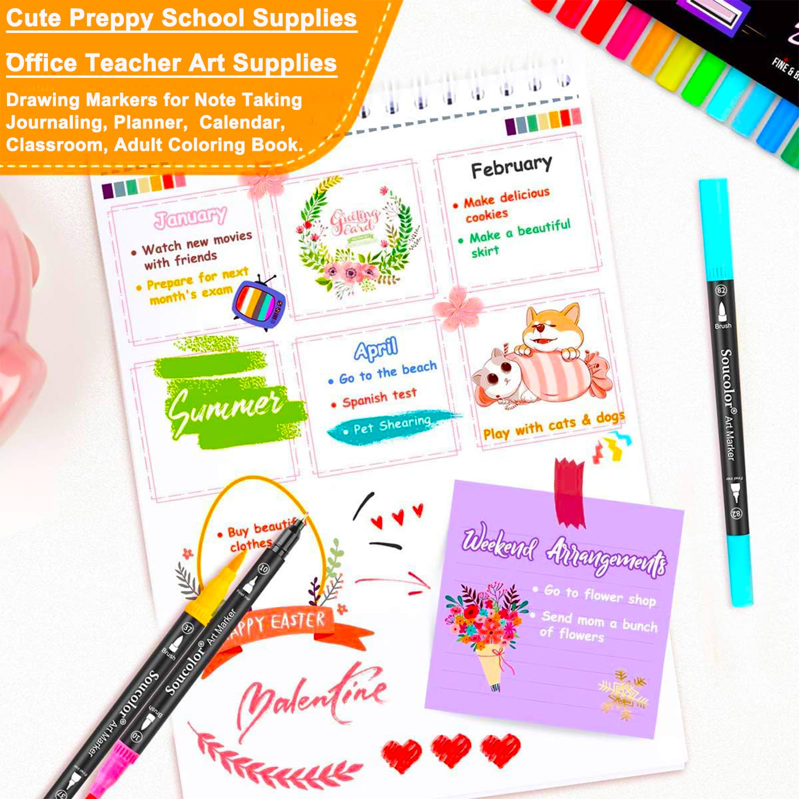 Soucolor Art Brush Markers Pens for Adult Coloring Books, Christmas Gifts Stocking Stuffers for Teen Girls Art Supplies, 34 Colors Numbered Dual Tip (Brush and Fine Point) Drawing Markers for School