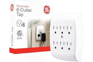GE 6-Outlet Extender Wall Tap, Grounded Adapter, Outlet Splitter, Charging Station, 3-Prong, Plug Adapter, Secure Install, Cruise Essentials, ETL Listed, White, 54947