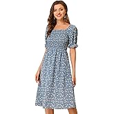 Allegra K Women's Cottagecore Floral Dress Puff Sleeves Smocked Midi Dresses