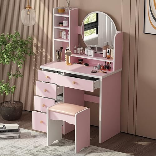 Makeup Vanity Set Dresser Desk with Drawer and Shelf Round Mirror  Dressing Table Vanity Set with Cushioned Stool for Bedroom, Pink in Kuwait  Whizz