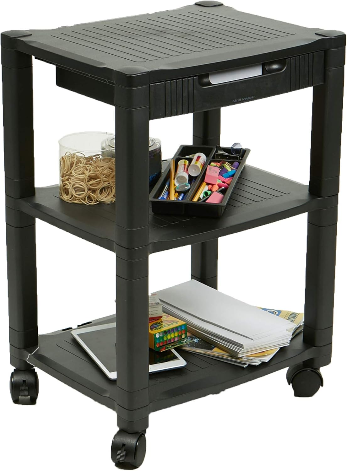 Mind Reader 3-Shelf Printer Cart, Stand with Wheels, Drawer, Cord Management, Black: Home & Kitchen