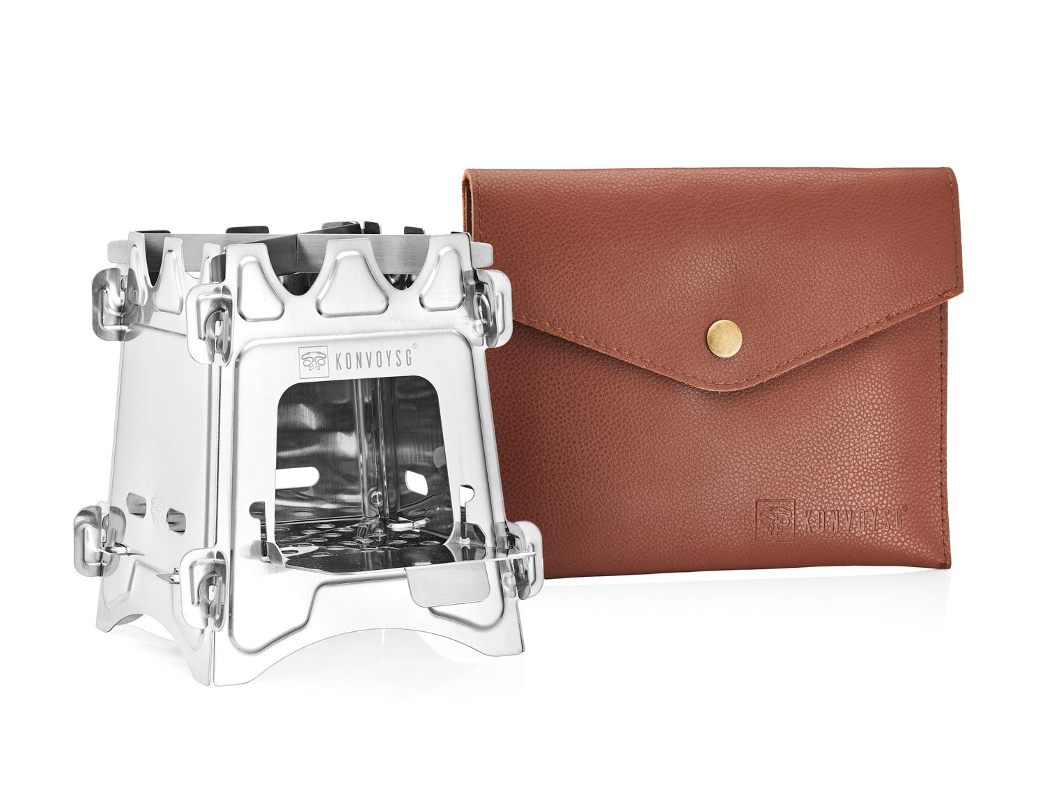 KonvoySG Wood Burning, Stainless Steel, Camping Stove.Compact Folding Collapsible and Lightweight. Ideal for Backpacking or Camping with Leather Carry Pouch