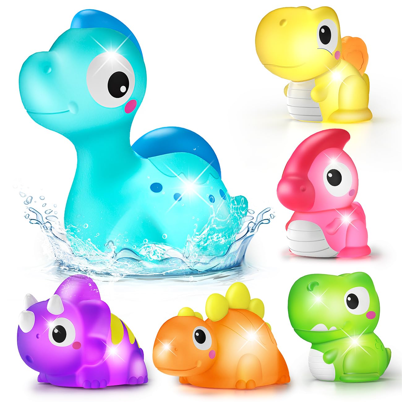 6 Packs Light Up Bath Toys for 1 2 Year Old, Dinosaur Bathtub Toys with Flashing LED Light for Toddlers Age 1-3, Water Shower Pool Toys for Boys Girls Baby Kids Christmas Birthday Gifts