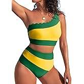 Herseas Women's One Shoulder Petal Edges Bikini Sets Color Block Swimsuits High Waisted Bathing Suits