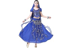 ORIDOOR Women Belly Dance Dress Indian Bollywood Halloween Costume Chiffon Skirts Shiny Belly Dance Suits 5-Piece Outfit