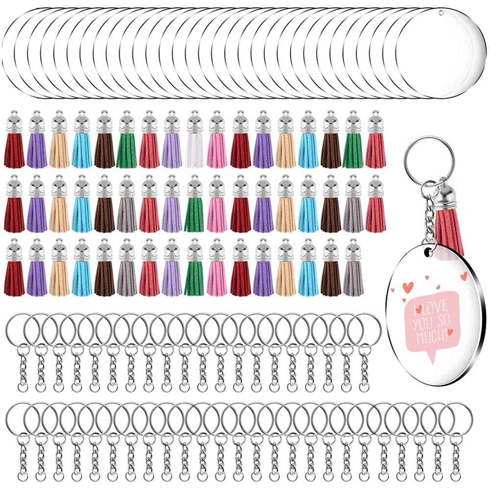 200 Pcs Acrylic Clear Keychain Blanks Tassels Set Including Key Rings with Chain and Jump Rings for DIY and Keychain Crafting (Round, 50 Sets)
